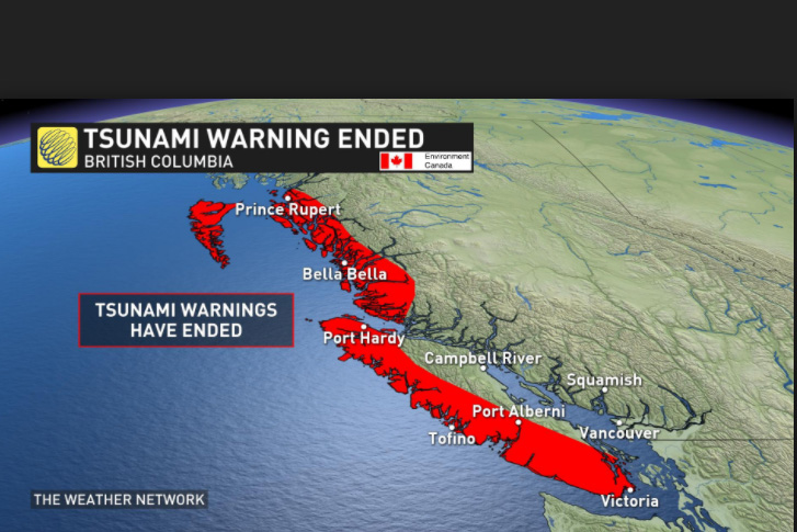 Tsunami Warning issued for west Coast of Vancouver Island