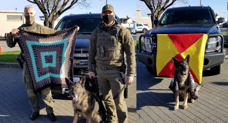 Crocheted hand-made blankets donated to Nanaimo Police Service Dogs