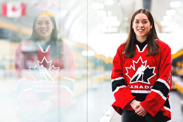 Courtenay hockey player celebrating gold medal win at U18 Women’s World Champs