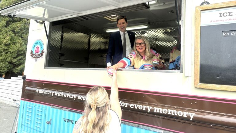 Premier David Eby and Agriculture Minister Lana Popham mark BC Dairy Day on May 13, 2025 by serving up ice cream from a truck outside the legislature. 